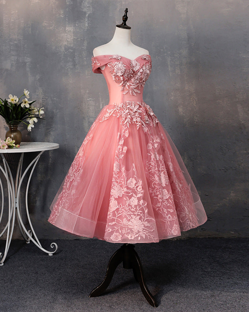 Off the Shoulder Lace Pink Short Prom Ball Gown Wedding Party Dress Dresses SP1171