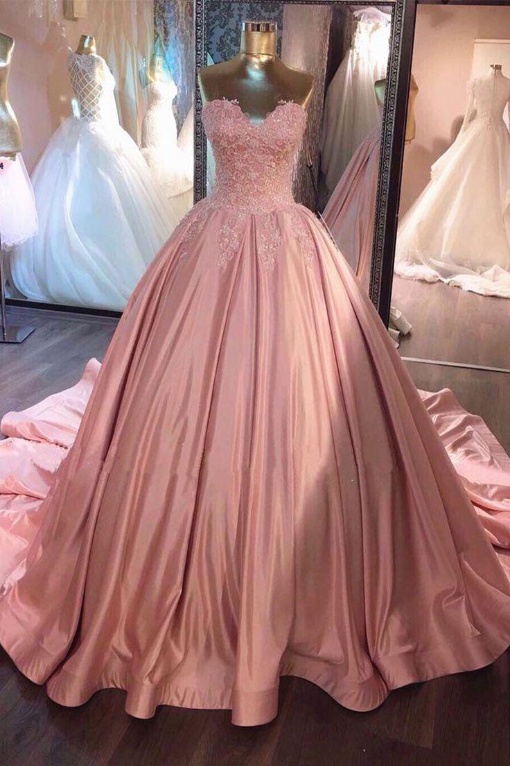 Amazing Sweetheart Lace Satin Blush Pink Wedding Dress, Ball Gown Prom Formal Gown PL10504