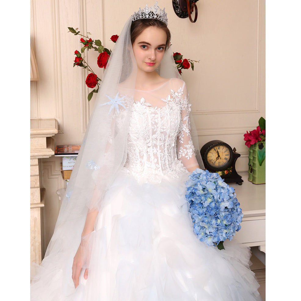 Luxury Ombre Wedding Dress White/Blue Short Sleeves Lace Bridal Gown W Siaoryne Luxury Ombre Wedding Dress White/Blue Short Sleeves Lace Bridal Gown W Siaoryne