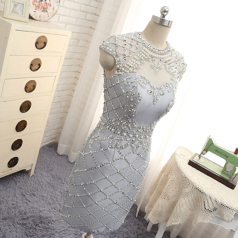 Impresionantes vestidos de fiesta cortos de cuello alto, vestidos de regreso a casa ajustados, vestidos de cóctel adornados, vestidos semiformales