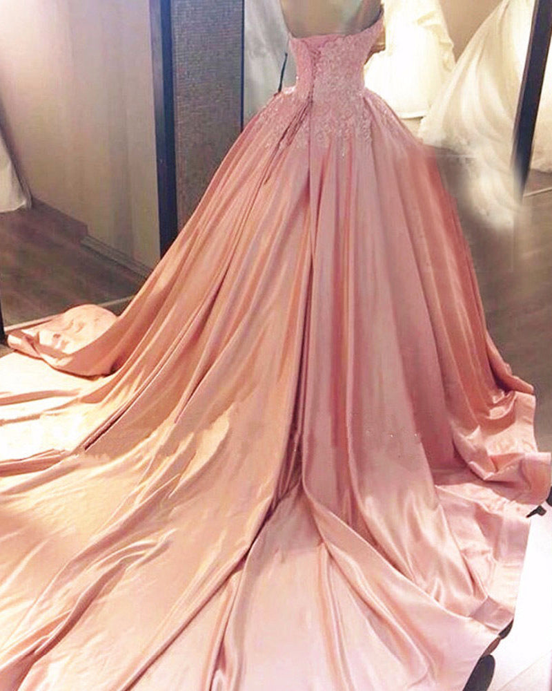 Amazing Sweetheart Lace Satin Blush Pink Wedding Dress, Ball Gown Prom Formal Gown PL10504