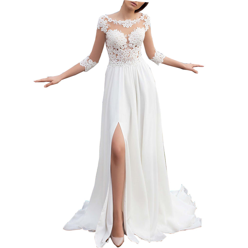 2021 3/4 Sleeves Beach Wedding Dress  Summer Boho Lace Bridal Gown Sexy Slit Leg