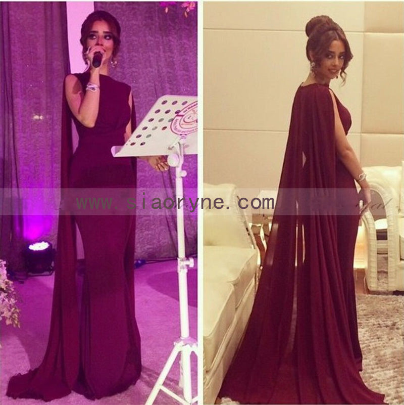 Women Burgundy/Red Long Evening Dress with Cape Arabic Formal Gown Mermaid Gown 2018 LP5570