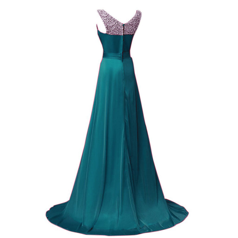 Elegant Long Evening Dresses Scoop Neck Beading Burgundy Prom Dresses