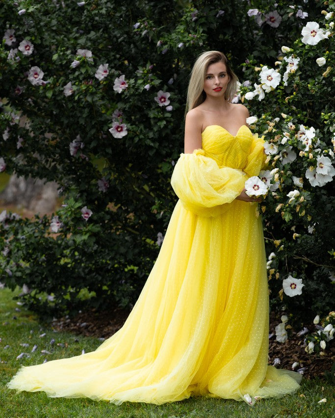Tulle Prom Yellow Poofy Prom Dress Wome Dot Tulle Yellow Prom