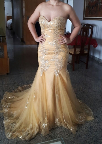 Appliqued Sequins Gold Long Evening Dresses Mermaid Sweetheart Women Evening Party Dresses LP175