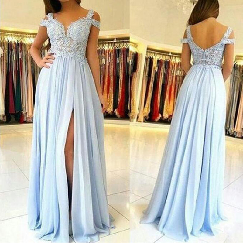 Light Blue Drop Shoulder Slit Chiffon Lace Prom Dress Graduation Long Formal Wear Girls Party Gown LP0515