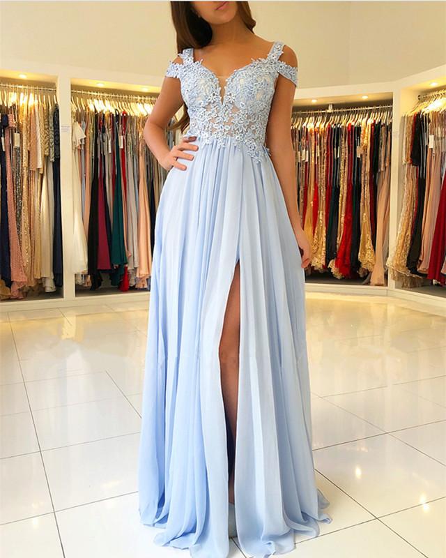 Light Blue Drop Shoulder Slit Chiffon Lace Prom Dress Graduation Long Formal Wear Girls Party Gown LP0515