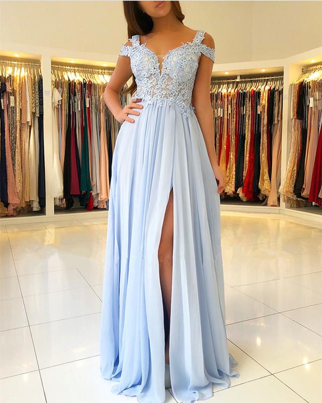 Light Blue Drop Shoulder Slit Chiffon Lace Prom Dress Graduation Long Siaoryne Light Blue Drop Shoulder Slit Chiffon Lace Prom Dress Graduation Long Siaoryne