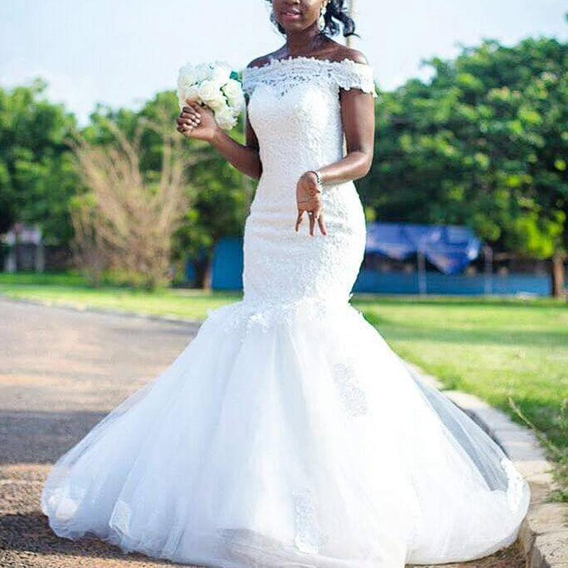 Vestido de novia de encaje con hombros descubiertos de ensueño Vestido de fiesta Vestido de novia africano de sirena 