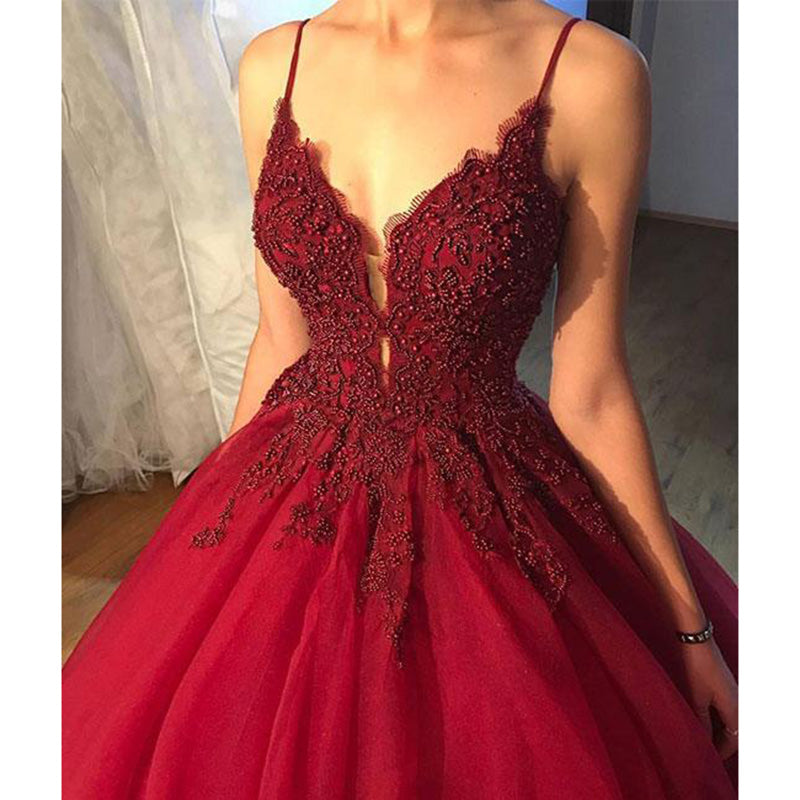 Classy Beaded  Burgundy Prom Dress Ball Gown Spaghetti Women Wedding Reception Gown WD0509