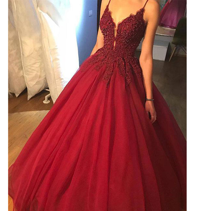 Classy Beaded  Burgundy Prom Dress Ball Gown Spaghetti Women Wedding Reception Gown WD0509