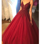 Classy Beaded  Burgundy Prom Dress Ball Gown Spaghetti Women Wedding Reception Gown WD0509