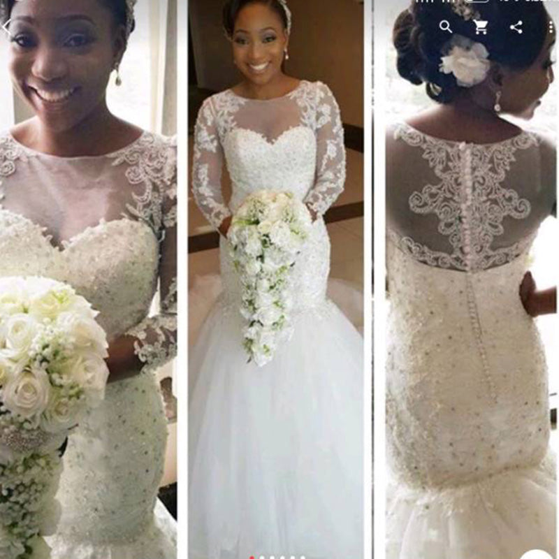 Vestido de novia estilo sirena africano vintage de manga larga con encaje y abalorios 