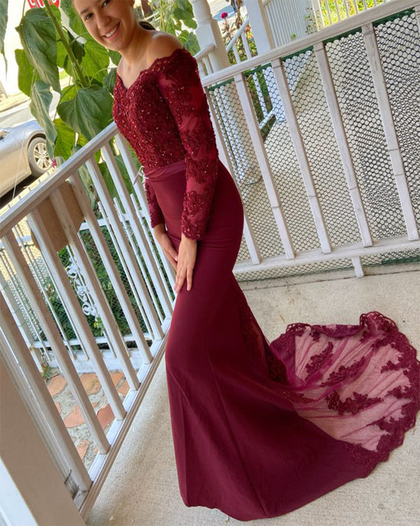 Burgundy Long Mermaid Prom Dress Lace Fitted Birthday Gown main image 0