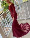 Burgundy Long mermaid Prom Dress Vintage Bridesmaid Dress Wedding Party Lace Gown for Women PL1007