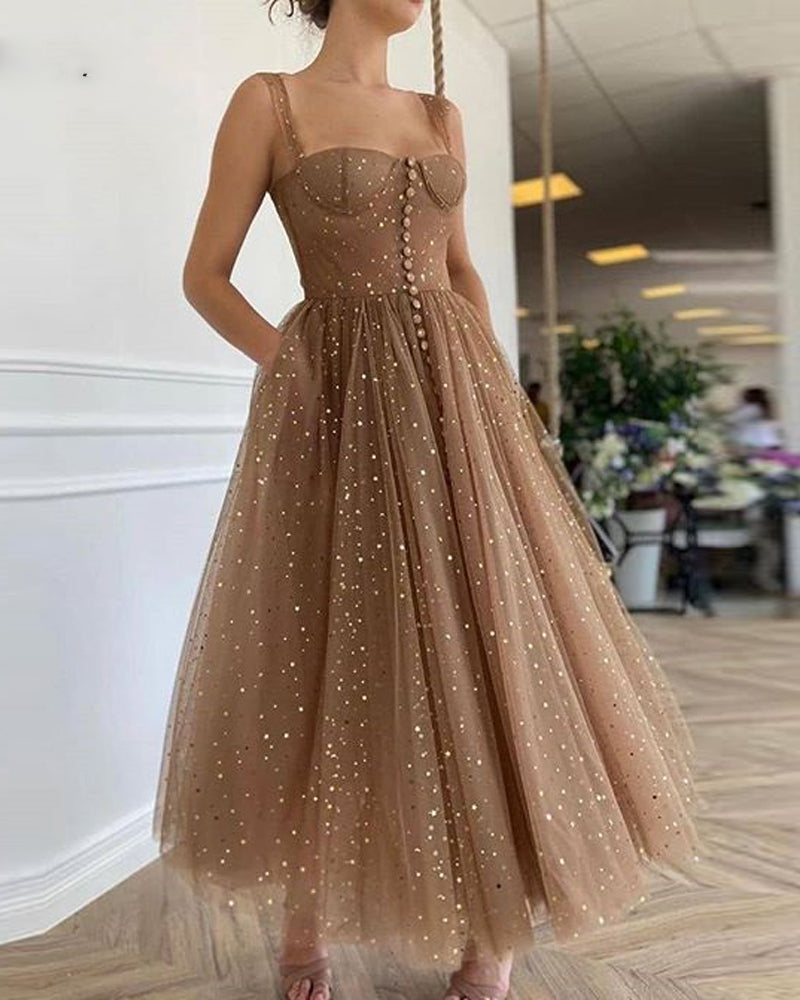 Vintage Khaki Sweetheart A Line Formal Party Dress Long Evening Gown Glitter Sparkly Dot Tulle Homecoming Dress Vestidos fiesta