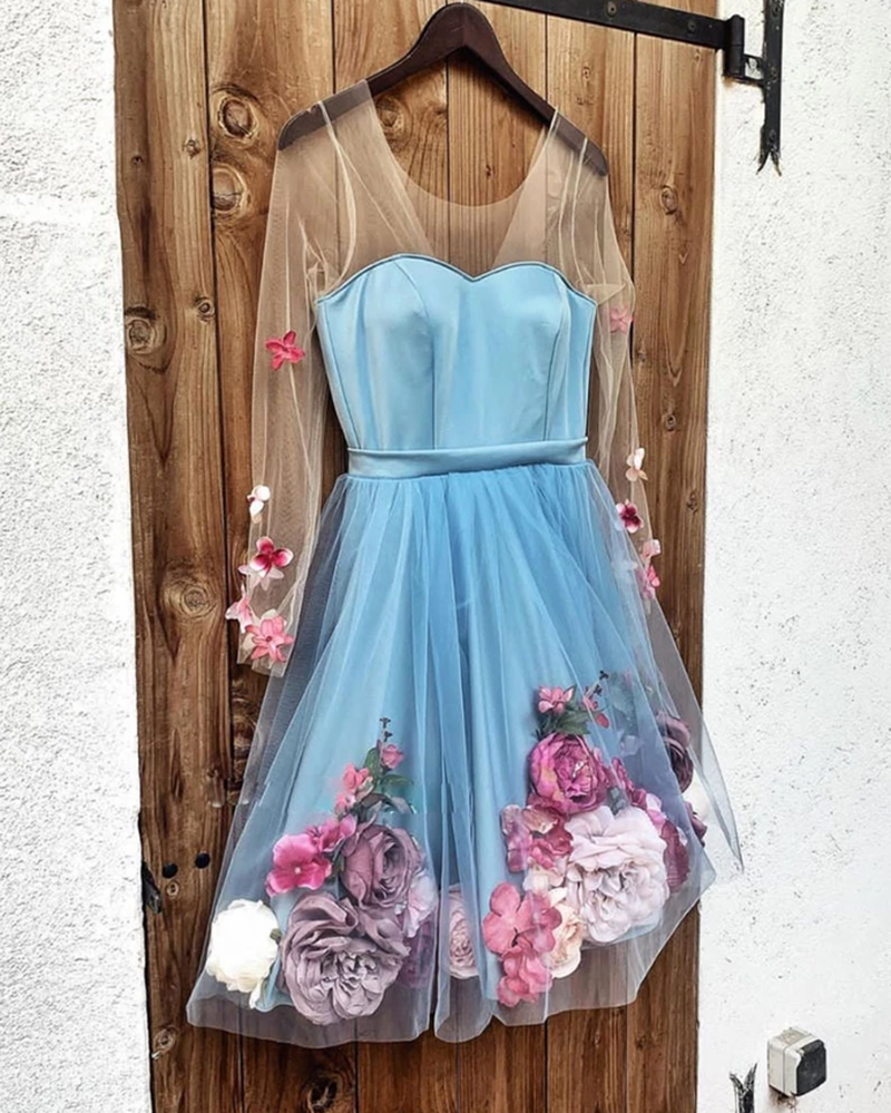 Long Sleeves Blue Flowers Homecoming Dress Short Cocktail Gown SP10909 –  Siaoryne