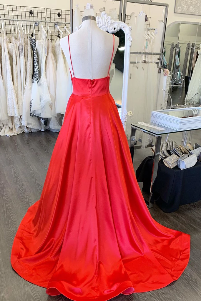 Glamorously V Neck Long Satin Red Evening Prom Dresses with Straps Long Graduation Gown PL011113