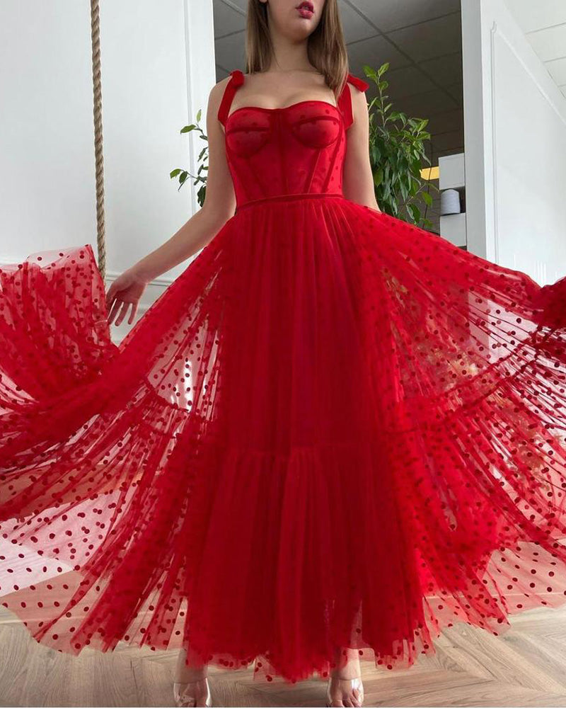 Red Polka Dots Tulle A Line Evening Dress Spaghetti Straps Tied Bow Shoulder Tea Length Party Graduation Prom Dress