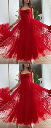 Red Polka Dots Tulle A Line Evening Dress Spaghetti Straps Tied Bow Shoulder Tea Length Party Graduation Prom Dress