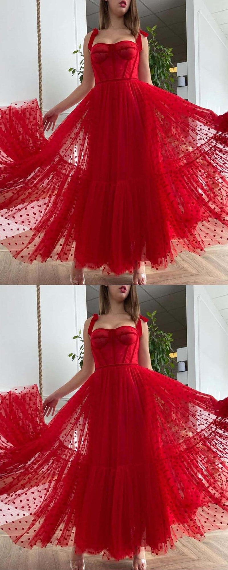 Red Polka Dots Tulle A Line Evening Dress Spaghetti Straps Tied Bow Shoulder Tea Length Party Graduation Prom Dress