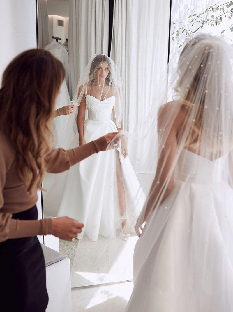 Elegant Sweetheart Ivory Satin A Line Wedding Dresses ,Bridal Gown with slit WD10911