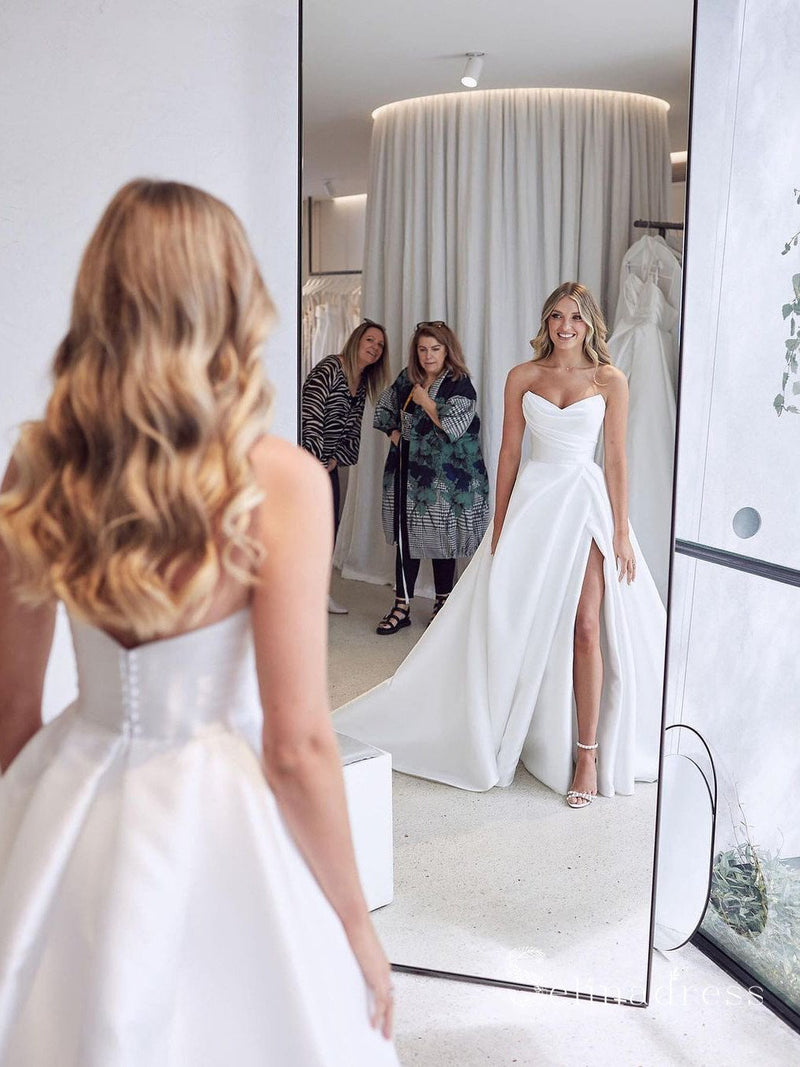 Elegant Sweetheart Ivory Satin A Line Wedding Dresses ,Bridal Gown with slit WD10911