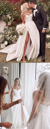 Elegant Sweetheart Ivory Satin A Line Wedding Dresses ,Bridal Gown with slit WD10911
