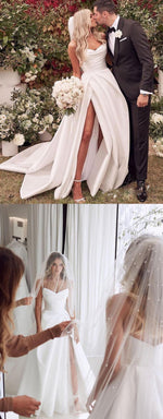 Elegant Sweetheart Ivory Satin A Line Wedding Dresses ,Bridal Gown with slit WD10911