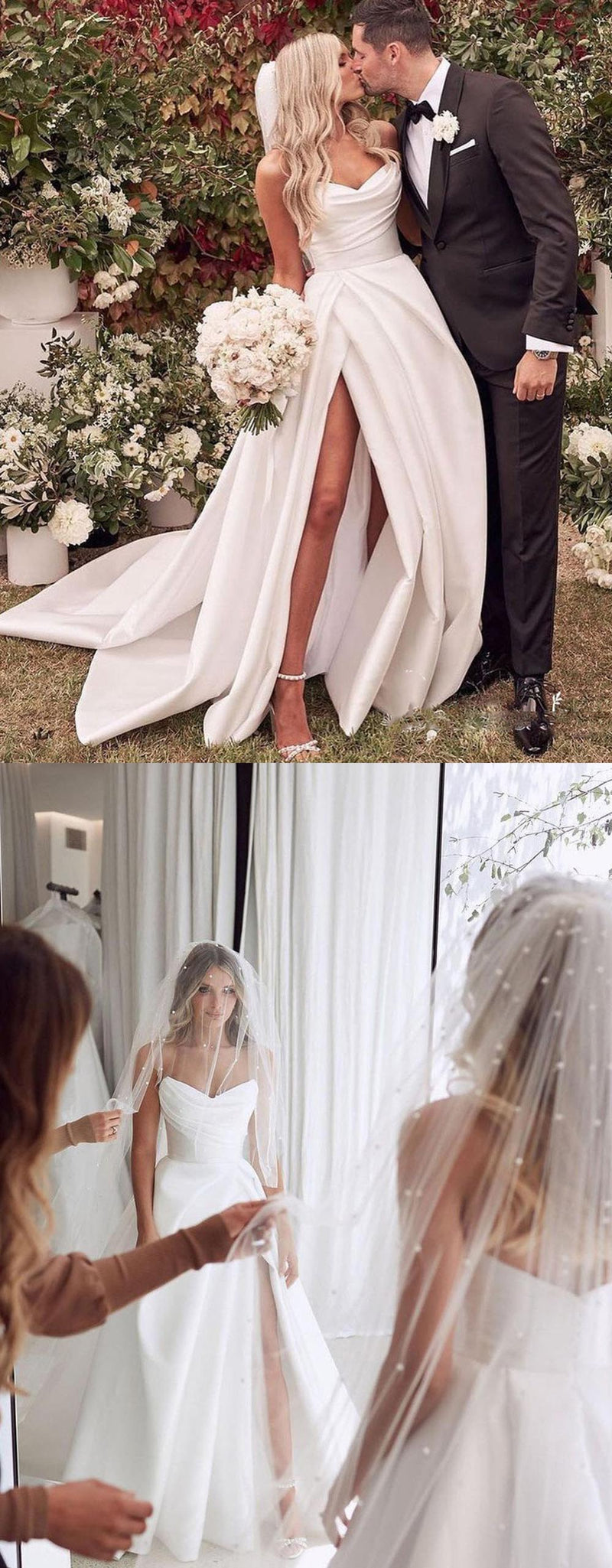 Elegant Sweetheart Ivory Satin A Line Wedding Dresses ,Bridal Gown with slit WD10911