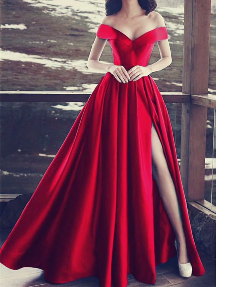Sky Blue Off Shoulder Sexy Slit Prom dress 2018 A Line Formal Evening Long Dress for Party