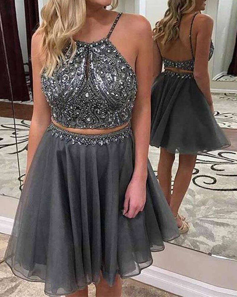Sparkly Crop Top Short Girls 8th Graduation Dresses Gray Homecoming Dress with Beading