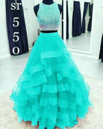 Beautiful Mint /Royal Blue Crop Top Prom Dress Girls 2 Pieces Ombre Beading Formal Gown PL0914