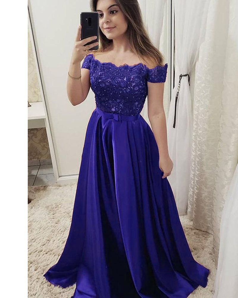 Navy /Green/Red Elegant Off Shoulder Prom Dresses Long Lace Appliqued PL2577