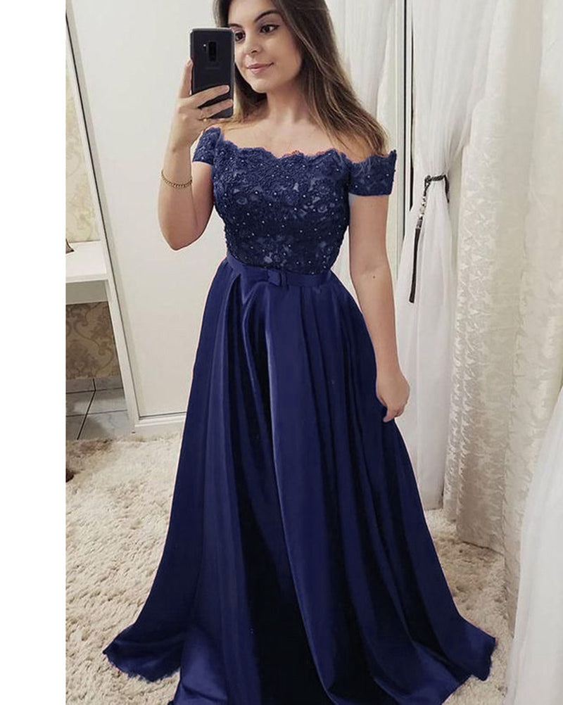 Navy /Green/Red Elegant Off Shoulder Prom Dresses Long Lace Appliqued PL2577