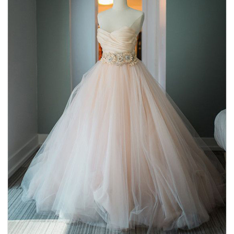 Blush Pink Sweetheart Ball Gown Princess Wedding Dresses with Beading Belt