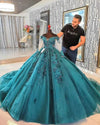Amazing Tailor Made Off the Shoulder Lace Beaded Ball Gown Teal  Wedding Dress Vintage Long Sleeves