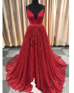 Sparkle Sexy V Neck Sequins Long Red Prom Dress ,Evening Dress PL01110