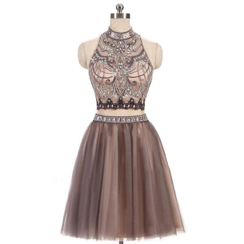 SP2147 Vestido de fiesta corto de dos piezas con cuentas, espalda abierta, cuello alto, vestido de fiesta corto 2018