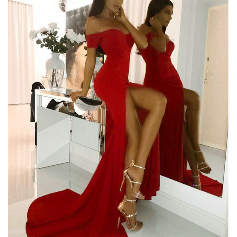 Intriguing Spandex Sheath Sexy Burgundy Prom Dresses Long Evening Party Gown Slit Leg 2020 Spring