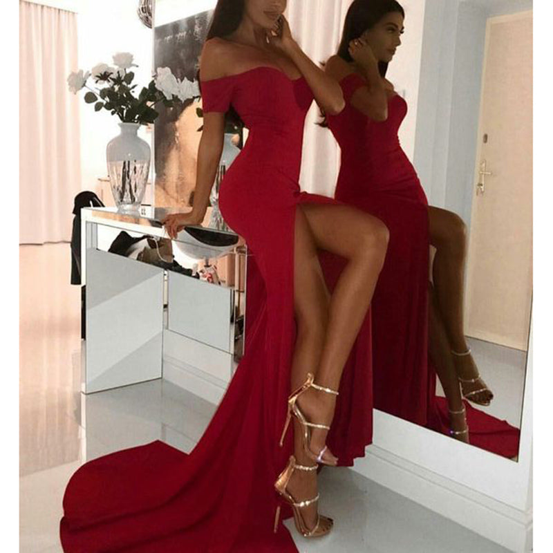 Intriguing Spandex Sheath Sexy Burgundy Prom Dresses Long Evening Party Gown Slit Leg 2020 Spring