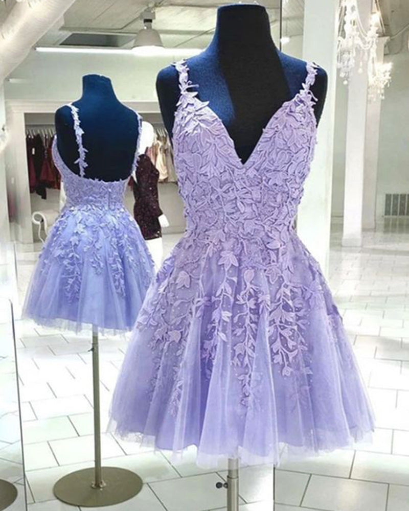 Lace Lavender Homecoming Dress  ,spaghetti Straps Short Prom Party Gown SP10901