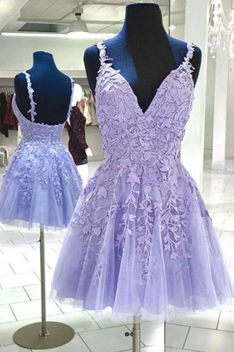Lace Lavender Homecoming Dress 2022,spaghetti Straps Short Prom Party Gown SP10901