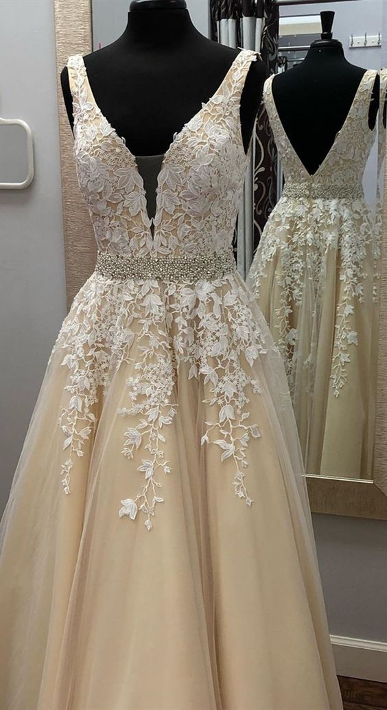 Dreamy Champagne Gold Lace V Neck Tulle Long Girls Senior Graduate Prom Dress 2020