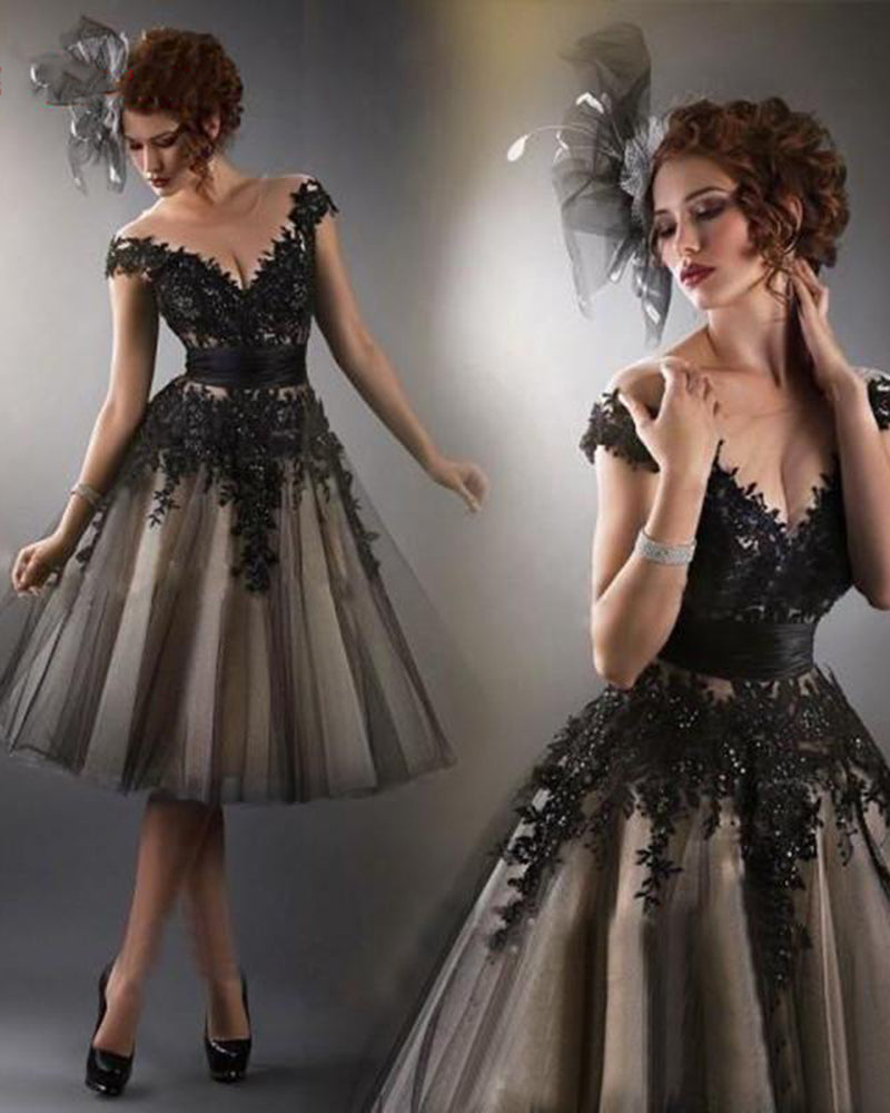 A Line Puffy Skirt Black and Nude Lace Knee Length Shorr Prom Dress 1950s Party Dress for Women