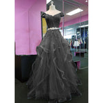 Gorgeous Blue Crop Top Prom Dresses Off the Shoulder Lace Tiered Blue Senior Prom 2022