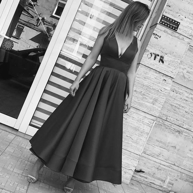 Deep V Neck Prom Dresses  Tea Length  Satin A Line Women Formal Evening Dress