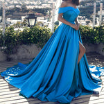 LP1258 Elegant Multi Color Long Evening Dress with Slit,Off the Shoulder Satin A Line Prom Dress 2018