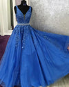 V Neck Royal Blue Lace  Graduation senior Prom dresses Long with Beading Belt
